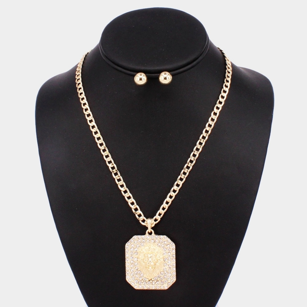 Gold Lionhead Medallion Square Pendant Necklace